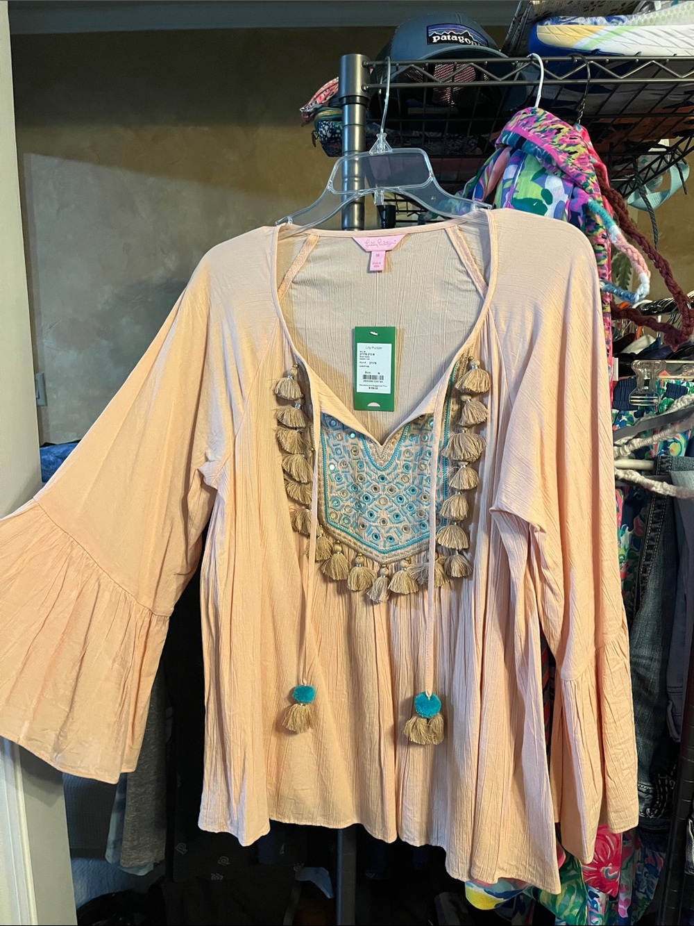 Boho Tassel Embellished Women's Peasant Top - Blush Pink